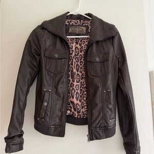 Ci Sono Faux Leather Jacket with Leopard-Print Lining